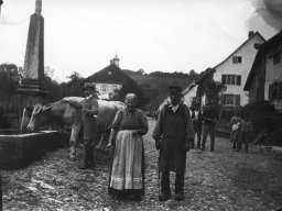 3 - 1913 - ligsdorf 68- prs de la fontaine abreuvoir auguste marcel tritsch et son oncle et sa tante clment pfiffer avec leur vache